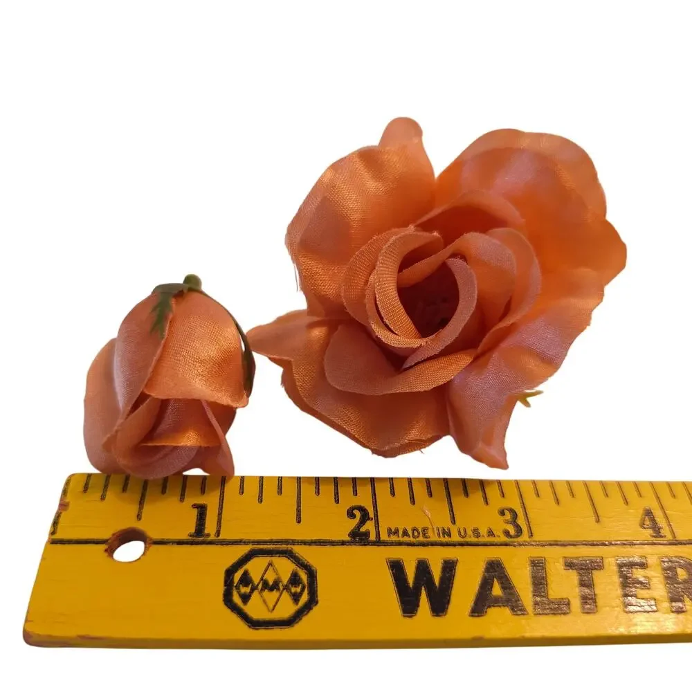 105 Peach Orange Satin Rose Head Lot Open Roses Buds Stemless Wedding Craft